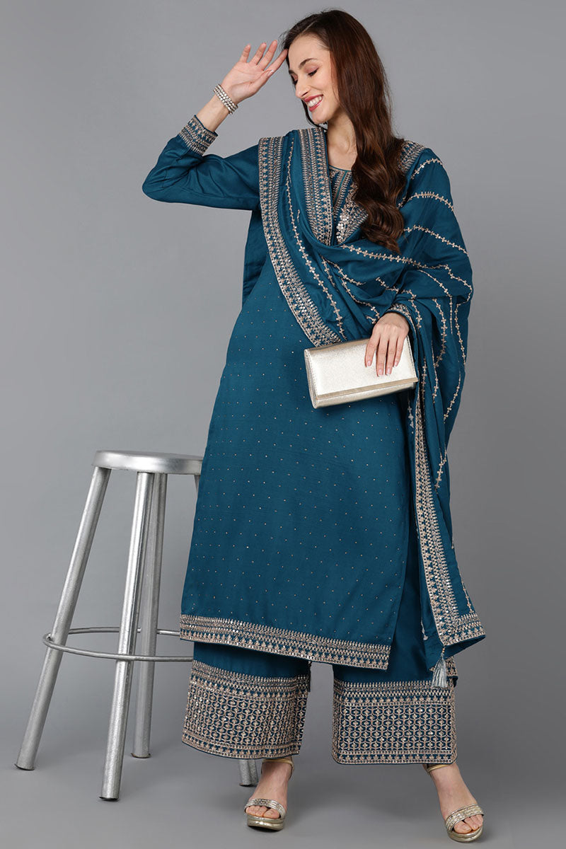 Teal Silk Blend Straight Kurta Palazzo With Dupatta | SHOBITAM