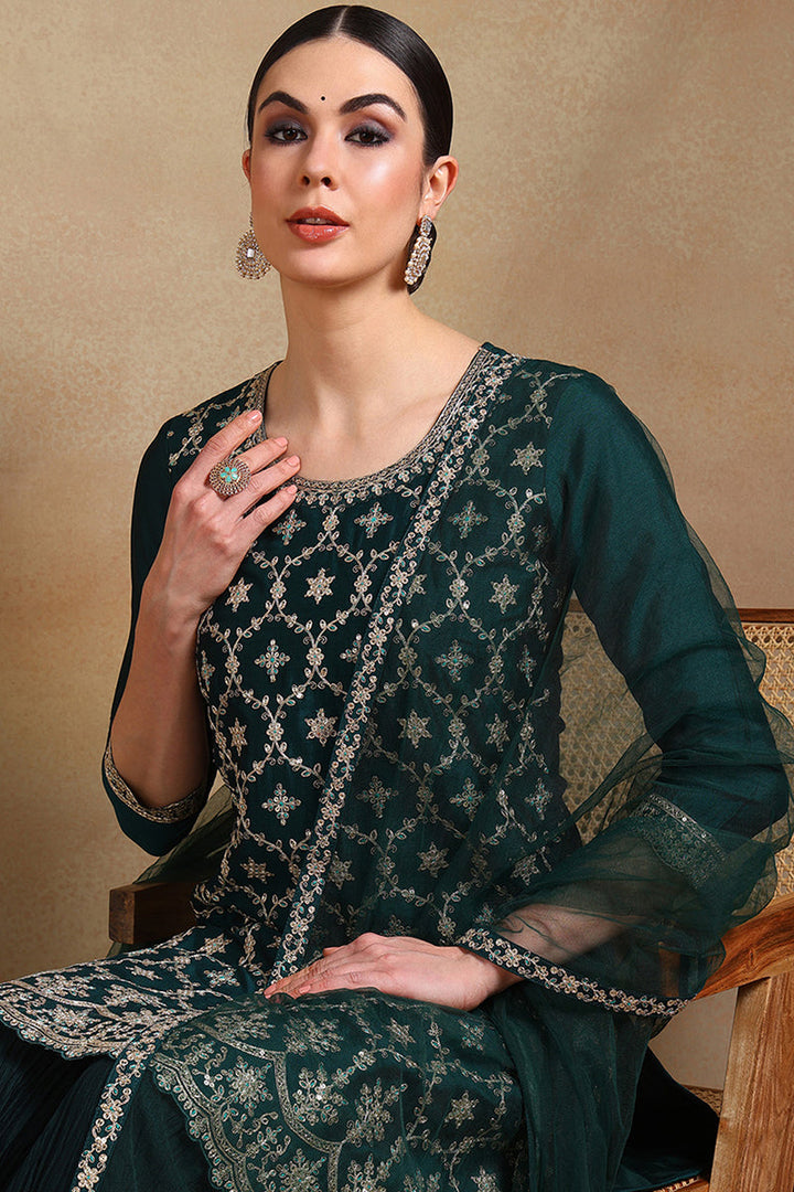 Green Silk Blend Embroidered Kurta Sharara With Dupatta | SHOBITAM