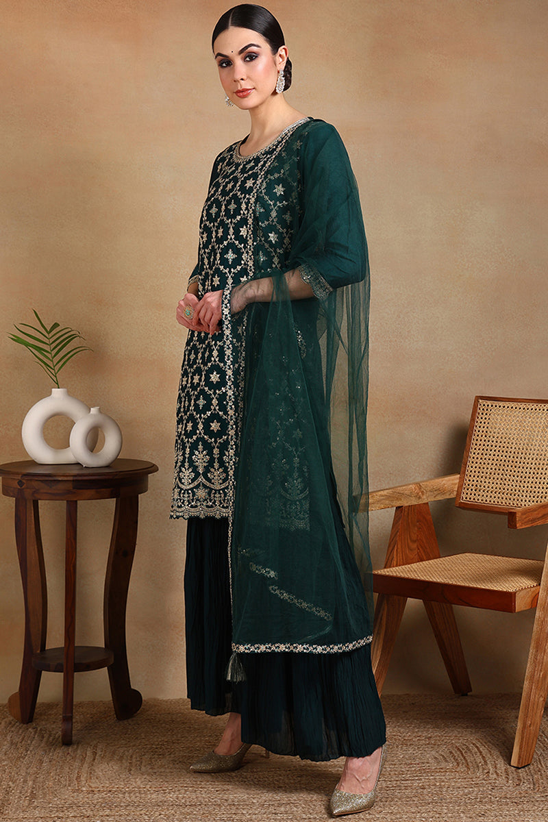 Green Silk Blend Embroidered Kurta Sharara With Dupatta | SHOBITAM