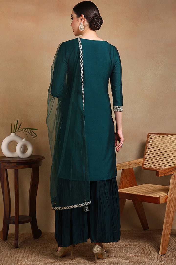 Green Silk Blend Embroidered Kurta Sharara With Dupatta | SHOBITAM