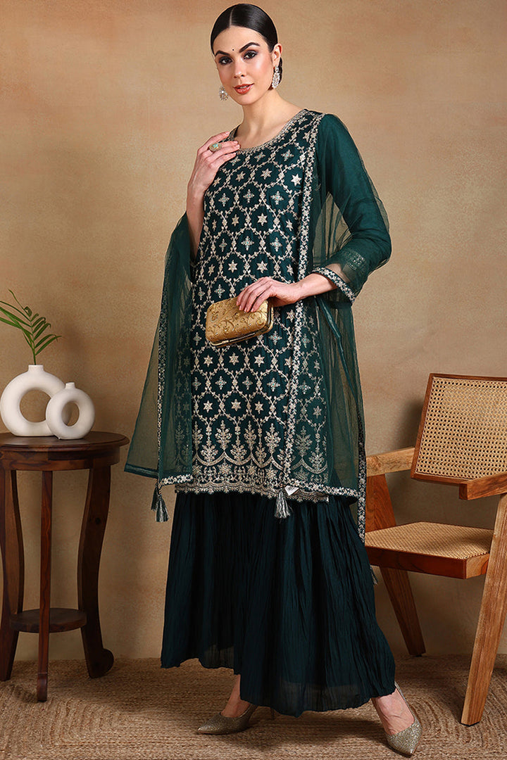Green Silk Blend Embroidered Kurta Sharara With Dupatta | SHOBITAM