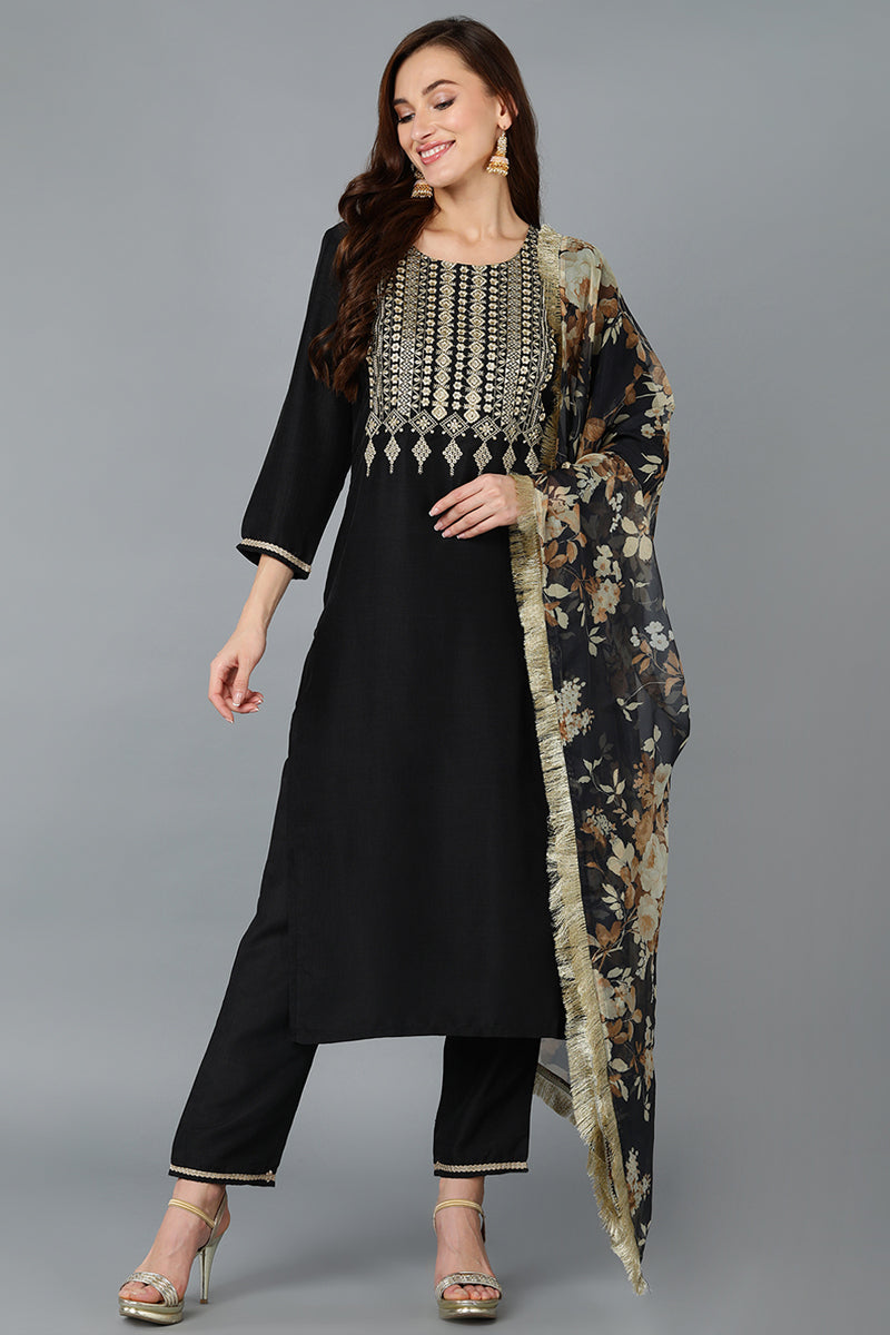 Black Silk Blend Yoke Design Kurta Pant With Dupatta   | SHOBITAM