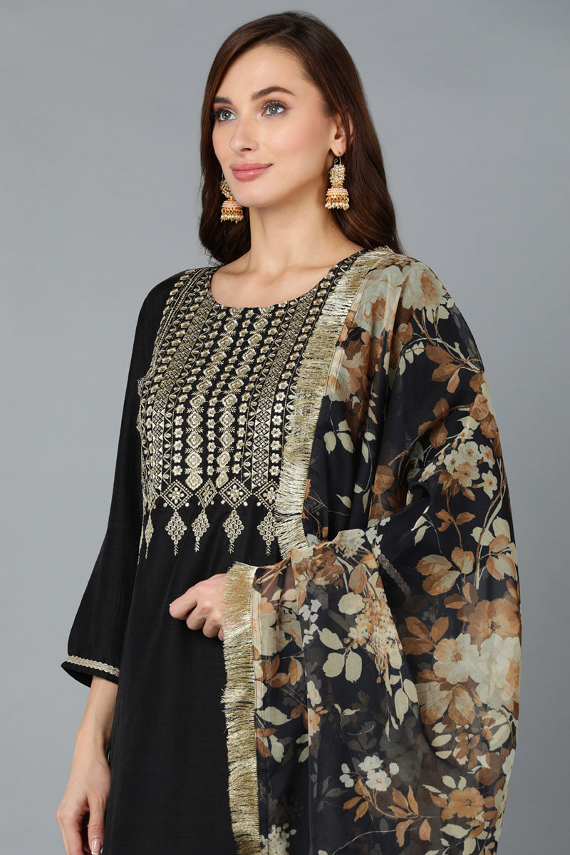 Black Silk Blend Yoke Design Kurta Pant With Dupatta   | SHOBITAM