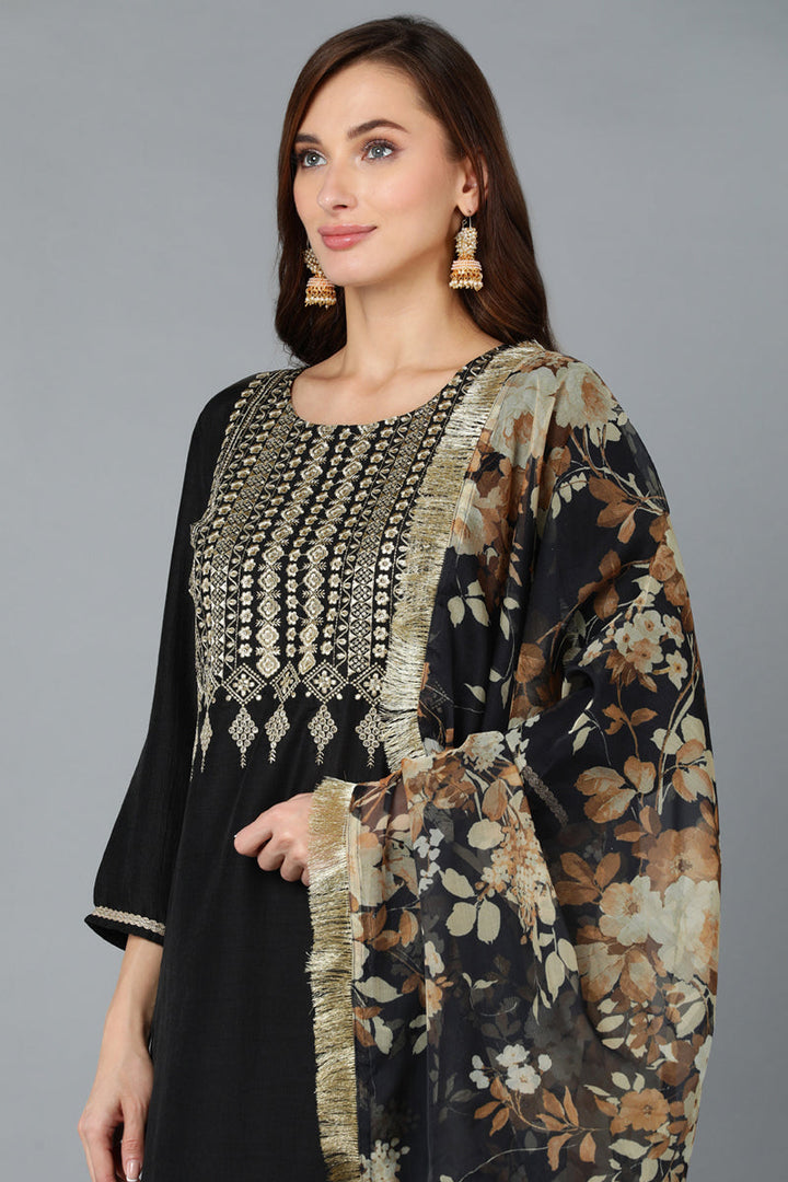 Black Silk Blend Yoke Design Kurta Pant With Dupatta   | SHOBITAM