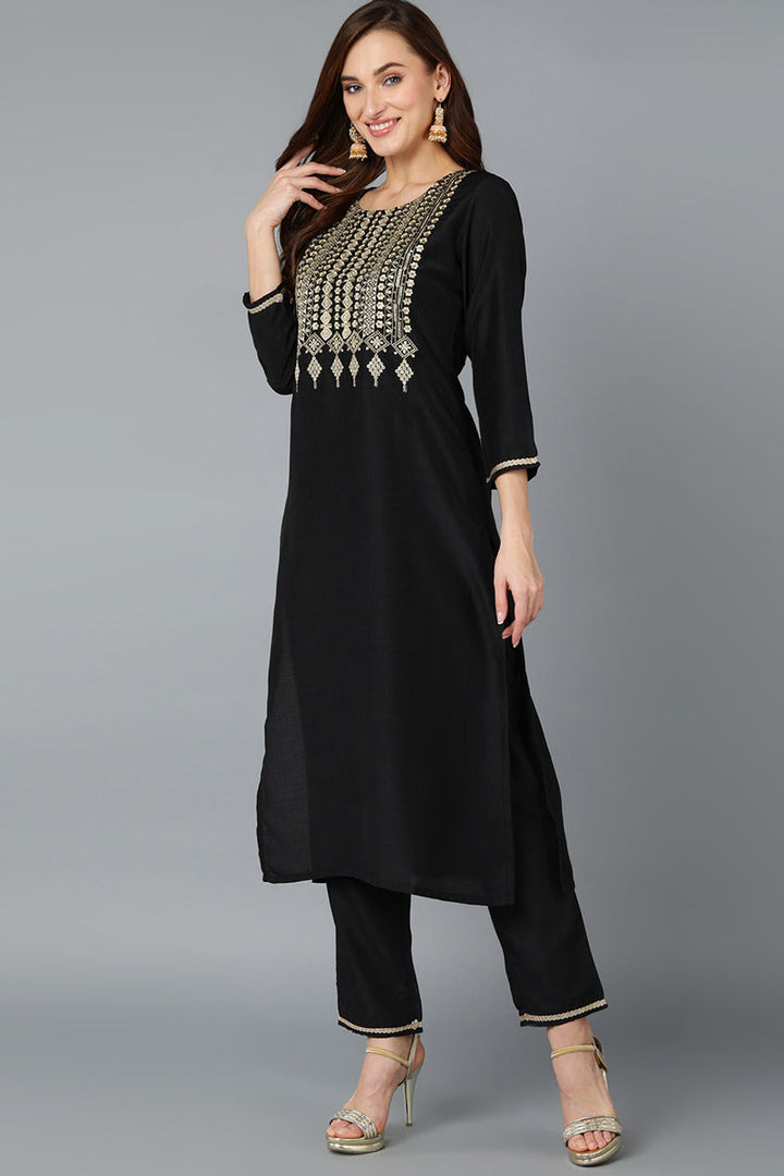 Black Silk Blend Yoke Design Kurta Pant With Dupatta   | SHOBITAM