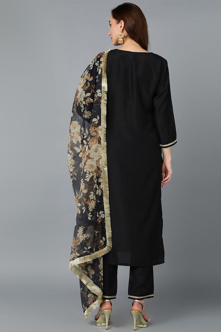 Black Silk Blend Yoke Design Kurta Pant With Dupatta   | SHOBITAM