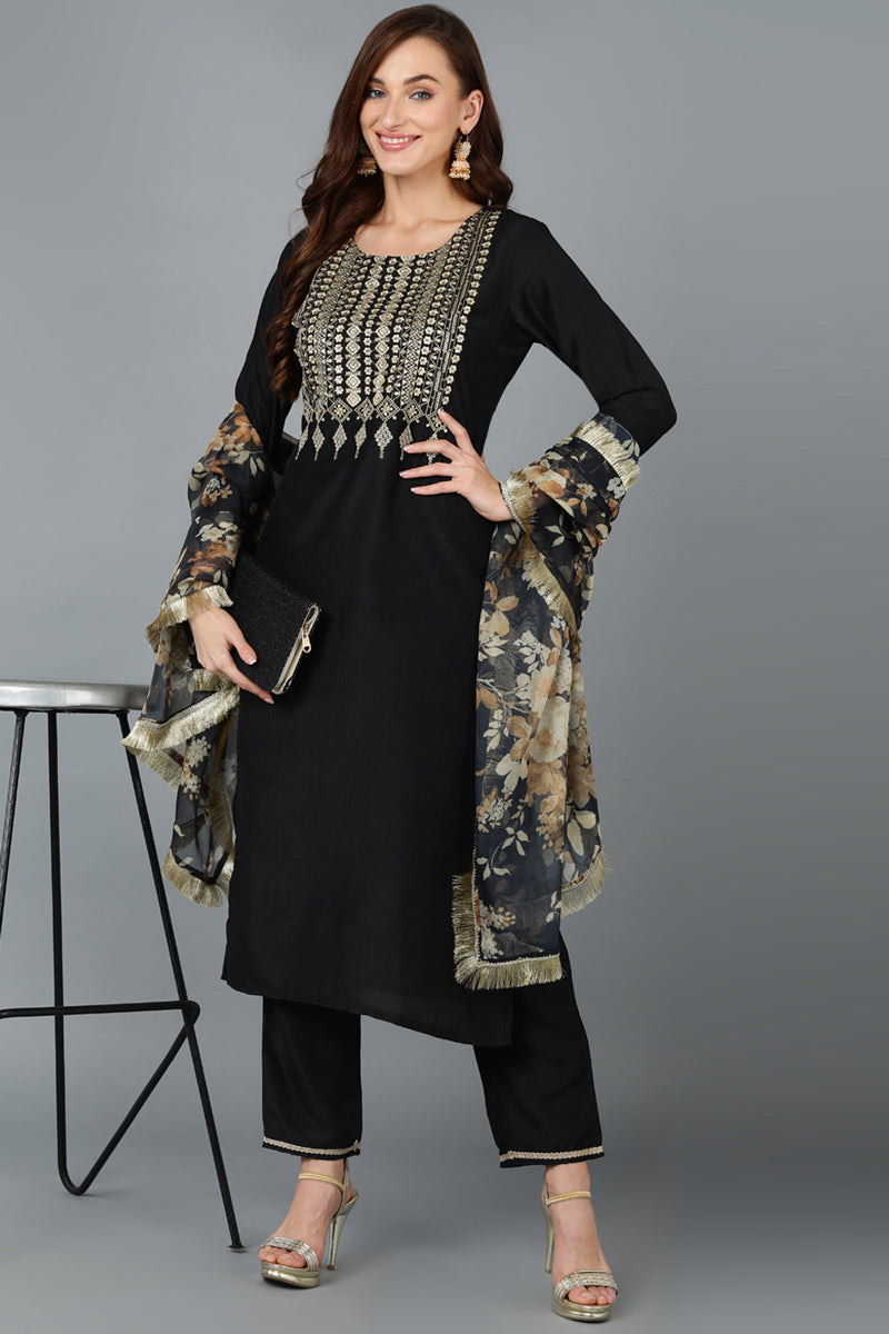 Black Silk Blend Yoke Design Kurta Pant With Dupatta   | SHOBITAM