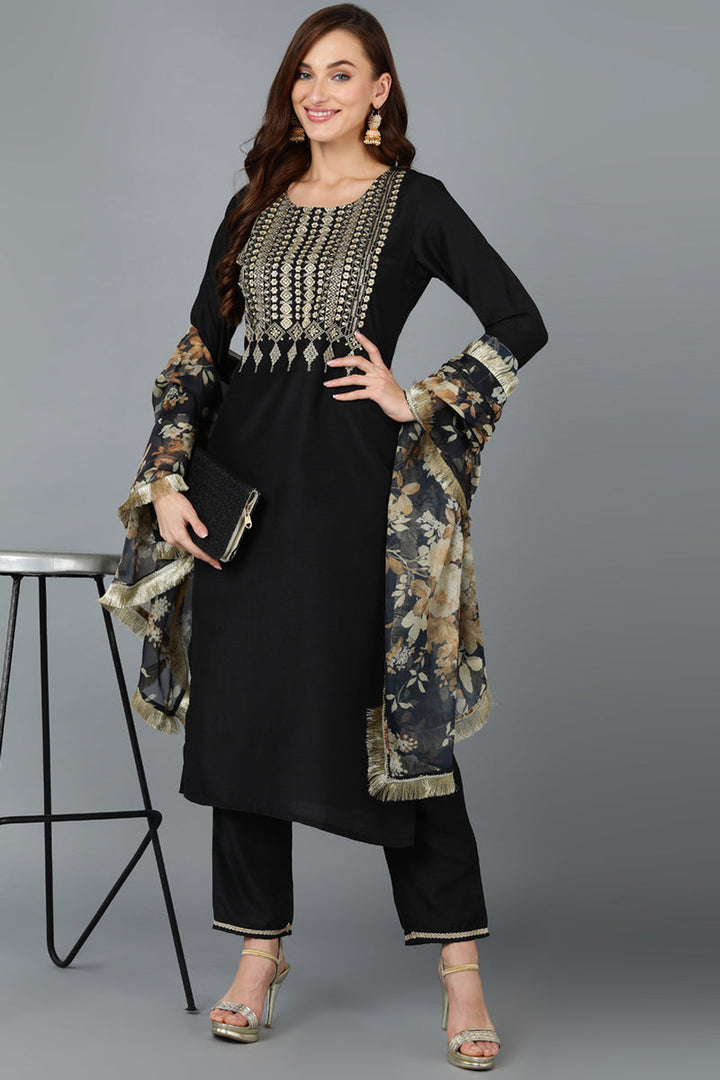 Black Silk Blend Yoke Design Kurta Pant With Dupatta   | SHOBITAM