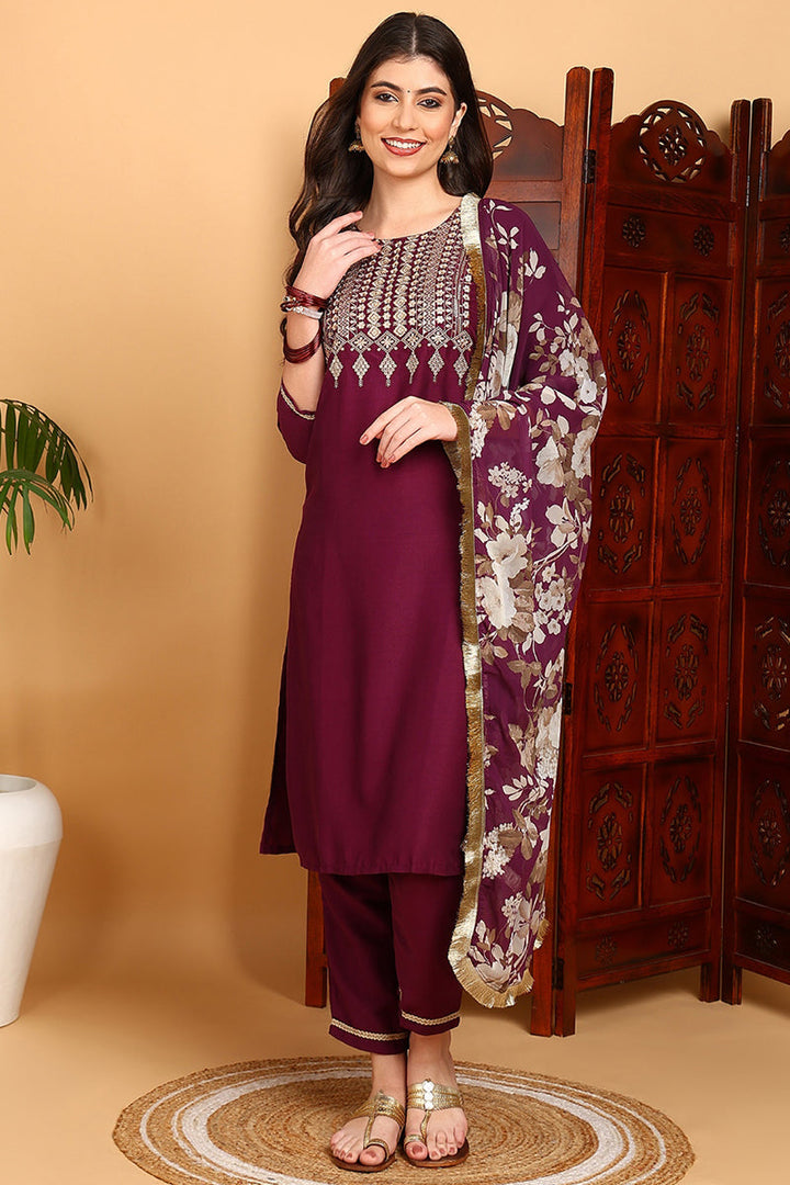 Purple Silk Blend Yoke Design Kurta Pant With Dupatta | SHOBITAM