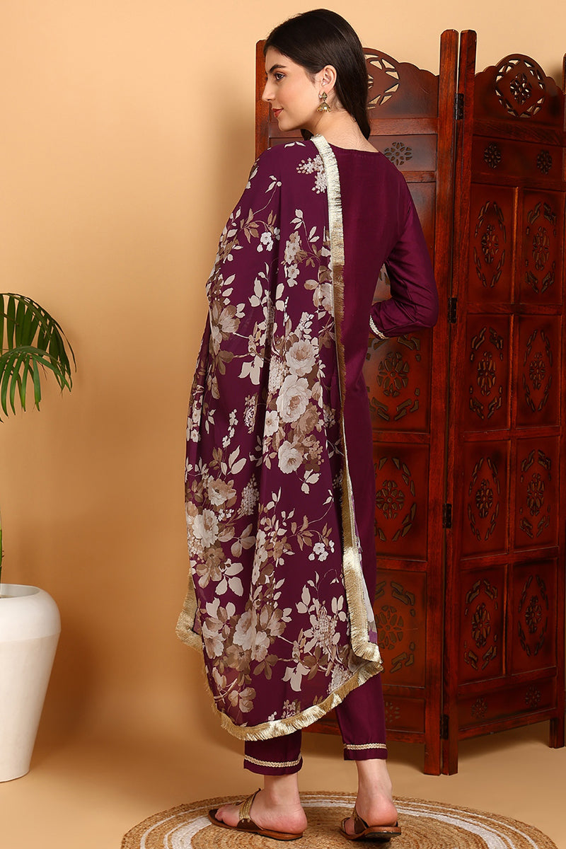 Purple Silk Blend Yoke Design Kurta Pant With Dupatta | SHOBITAM