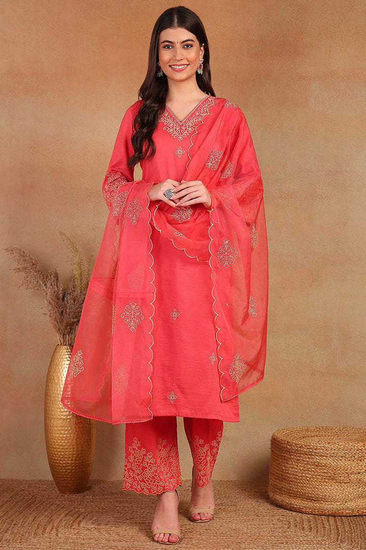 Pink Silk Blend Straight Kurta Palazzo With Dupatta |shobitam
