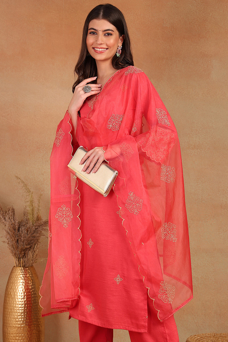 Pink Silk Blend Straight Kurta Palazzo With Dupatta |shobitam