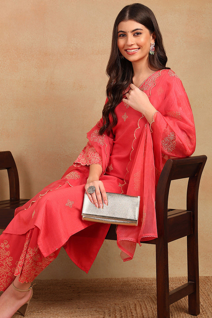 Pink Silk Blend Straight Kurta Palazzo With Dupatta |shobitam