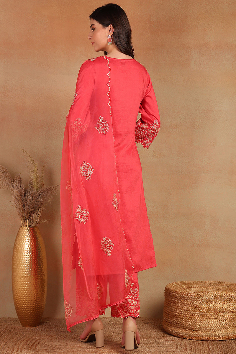 Pink Silk Blend Straight Kurta Palazzo With Dupatta |shobitam