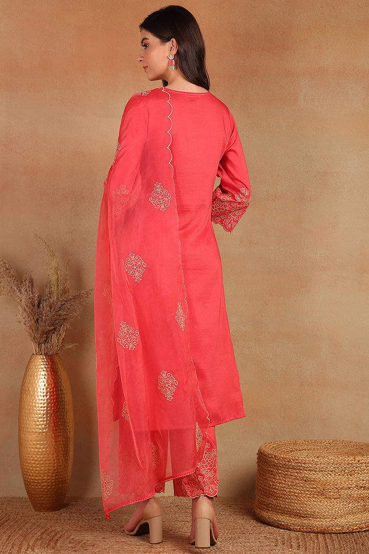 Pink Silk Blend Straight Kurta Palazzo With Dupatta |shobitam