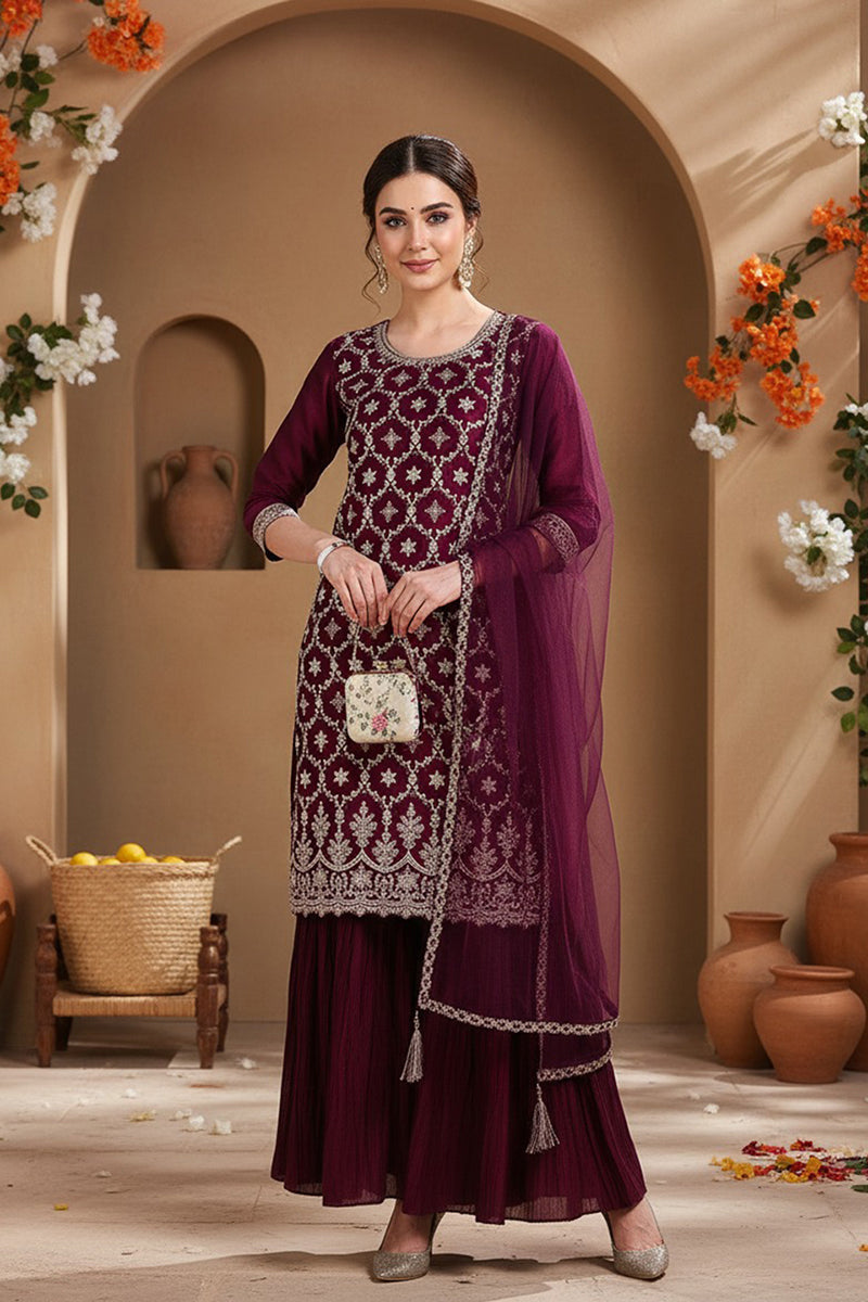 Silk Blend Purple Embroidered Straight Kurta Sharara With Dupatta  | SHOBITAM