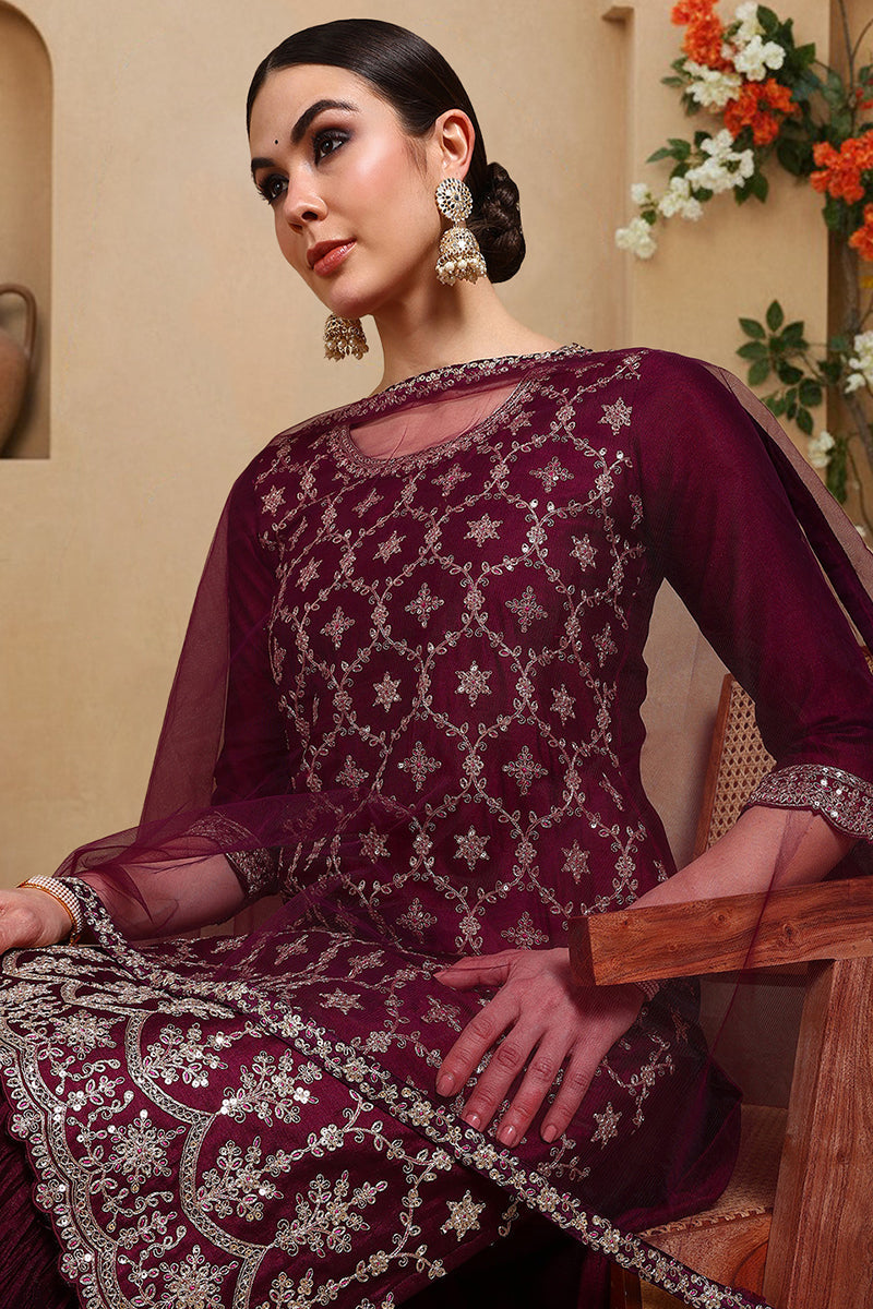 Silk Blend Purple Embroidered Straight Kurta Sharara With Dupatta  | SHOBITAM