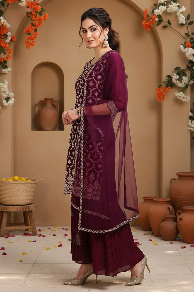 Silk Blend Purple Embroidered Straight Kurta Sharara With Dupatta  | SHOBITAM