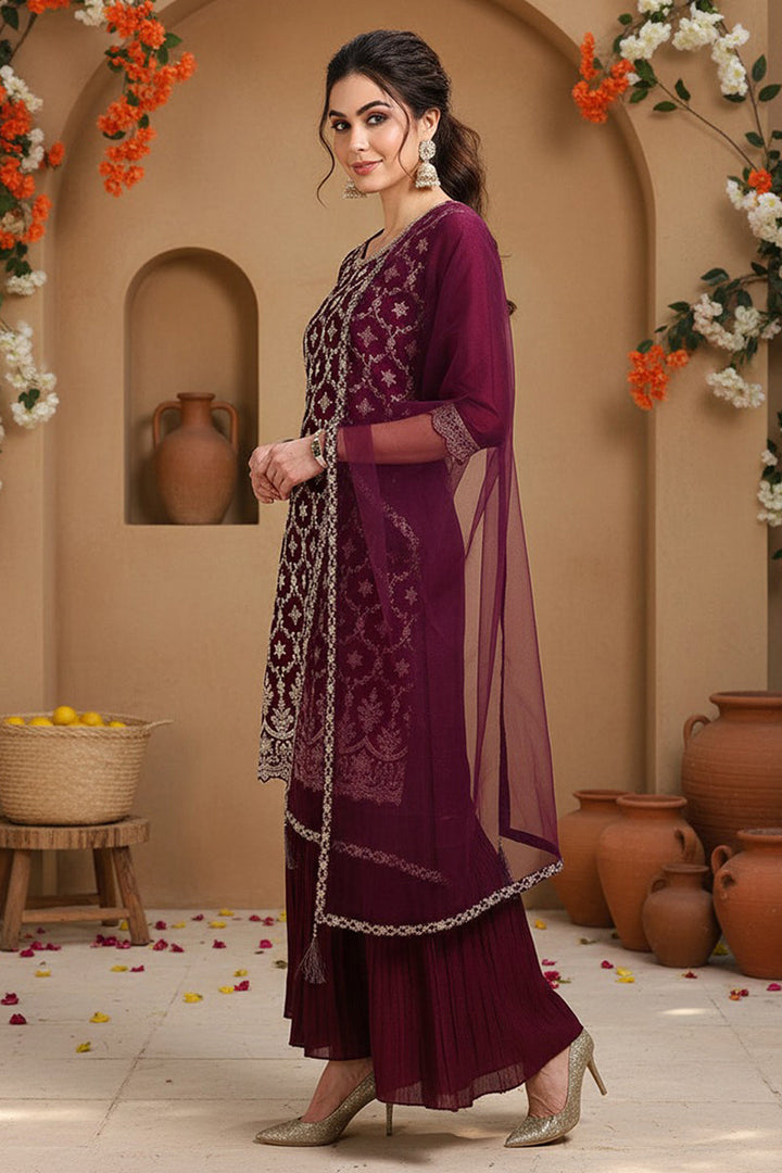 Silk Blend Purple Embroidered Straight Kurta Sharara With Dupatta  | SHOBITAM