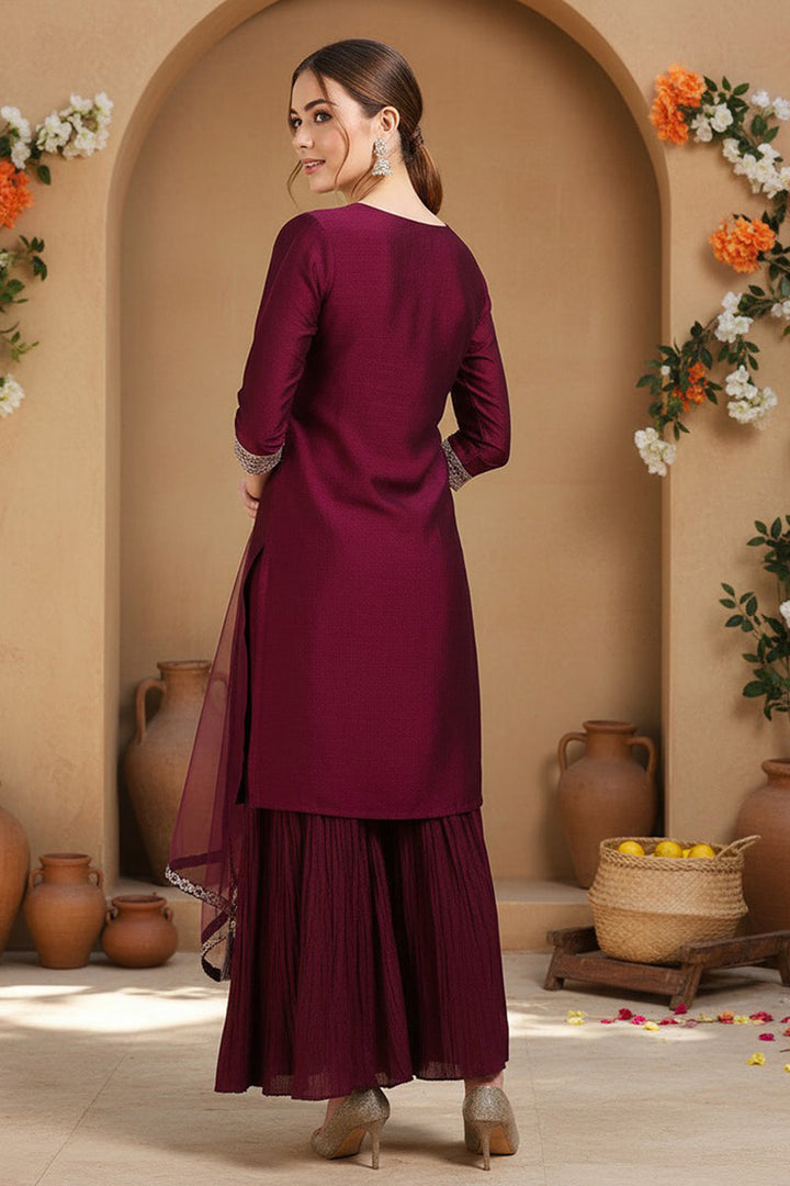 Silk Blend Purple Embroidered Straight Kurta Sharara With Dupatta  | SHOBITAM