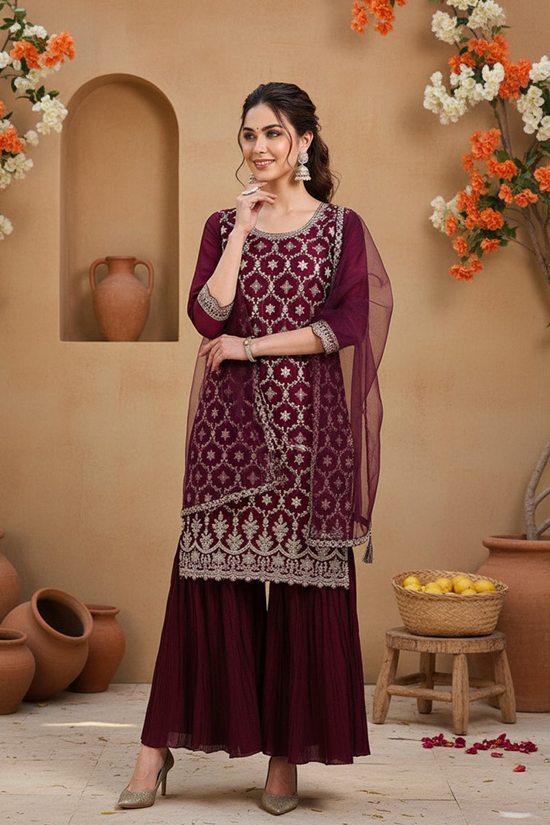 Silk Blend Purple Embroidered Straight Kurta Sharara With Dupatta  | SHOBITAM