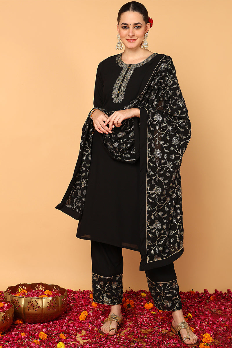 Black Poly Georgette Solid Embroidered Straight Suit Set | SHOBITAM