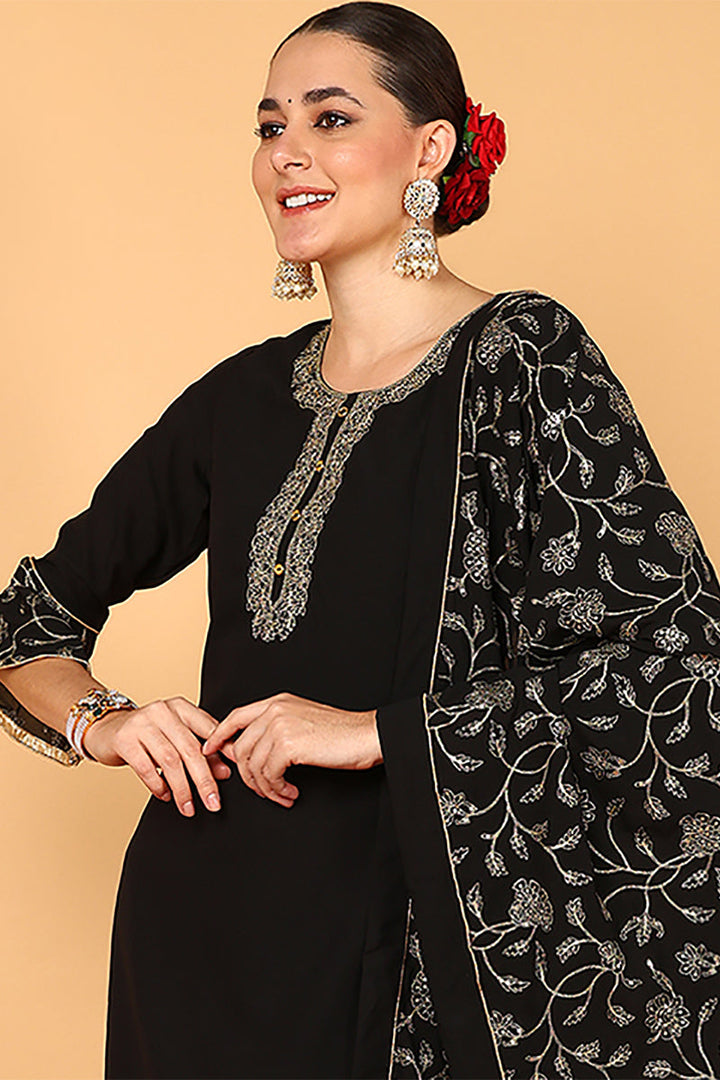 Black Poly Georgette Solid Embroidered Straight Suit Set | SHOBITAM