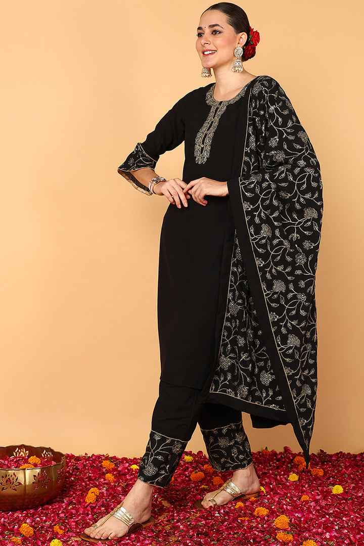 Black Poly Georgette Solid Embroidered Straight Suit Set | SHOBITAM