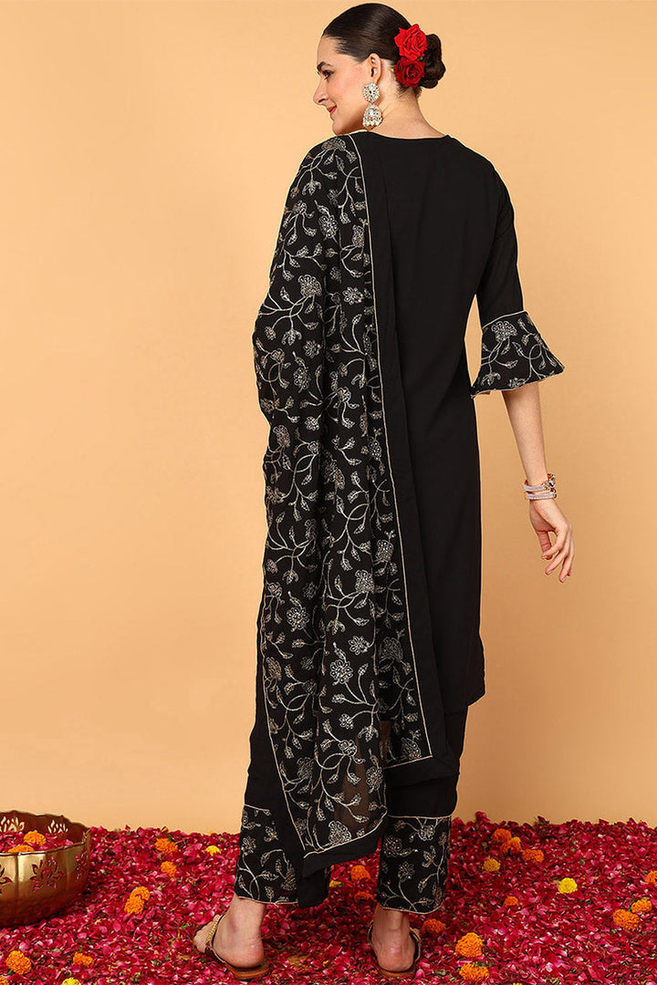 Black Poly Georgette Solid Embroidered Straight Suit Set | SHOBITAM