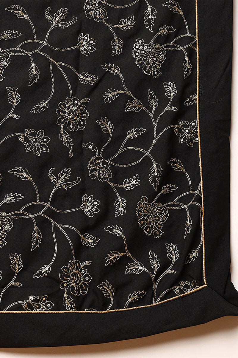 Black Poly Georgette Solid Embroidered Straight Suit Set | SHOBITAM