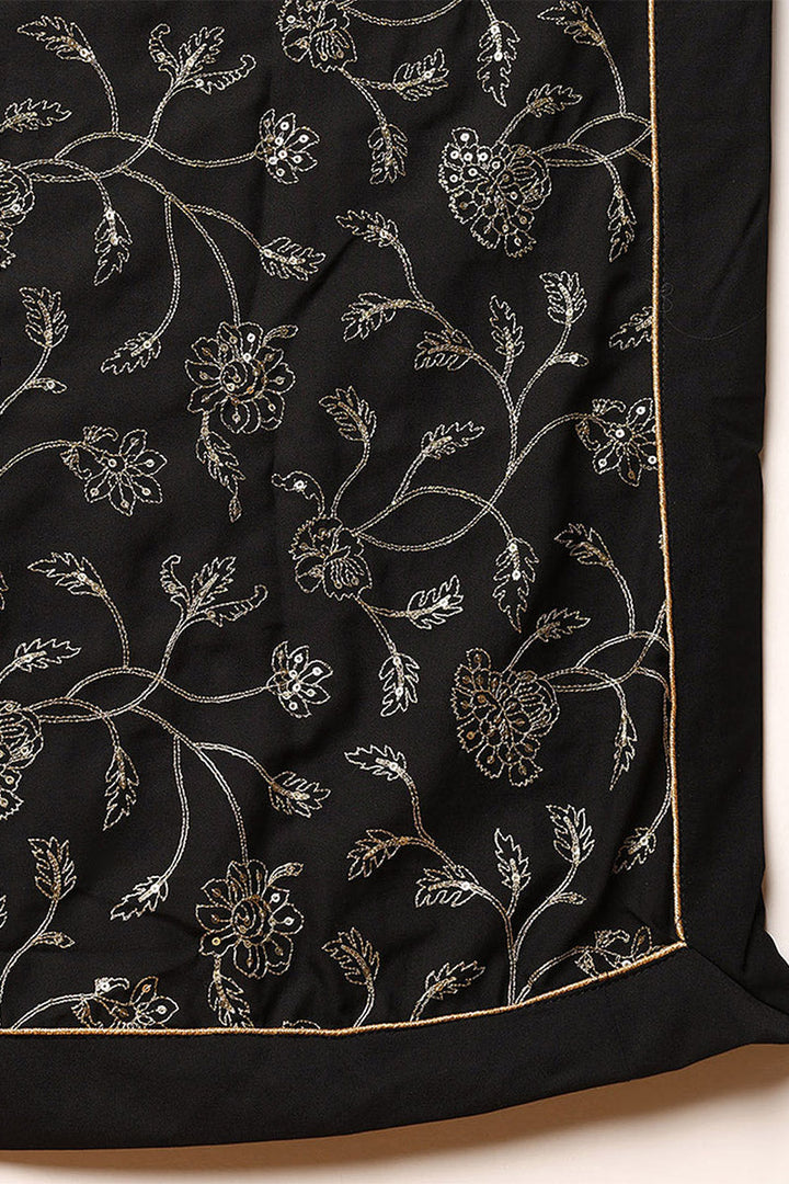 Black Poly Georgette Solid Embroidered Straight Suit Set | SHOBITAM