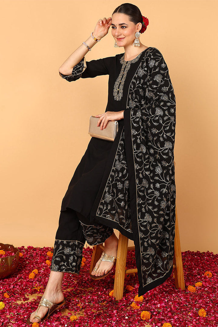 Black Poly Georgette Solid Embroidered Straight Suit Set | SHOBITAM