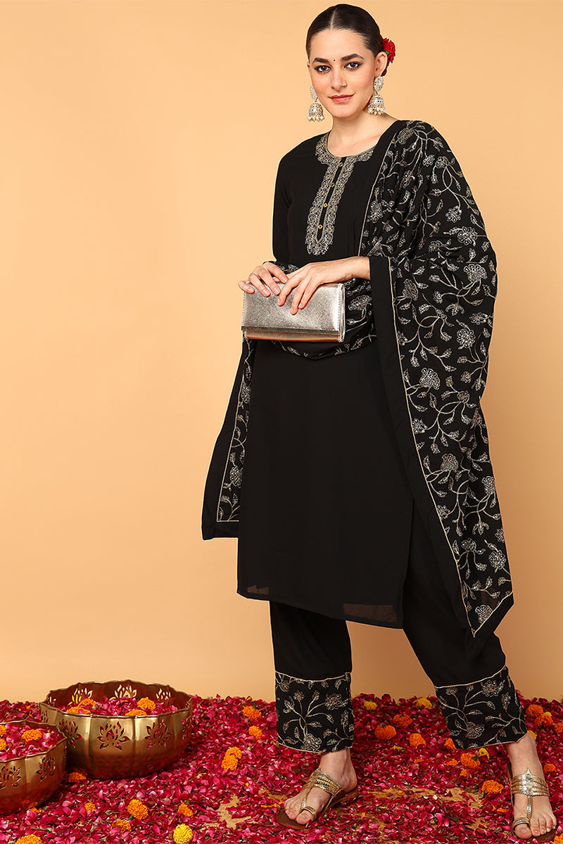 Black Poly Georgette Solid Embroidered Straight Suit Set | SHOBITAM