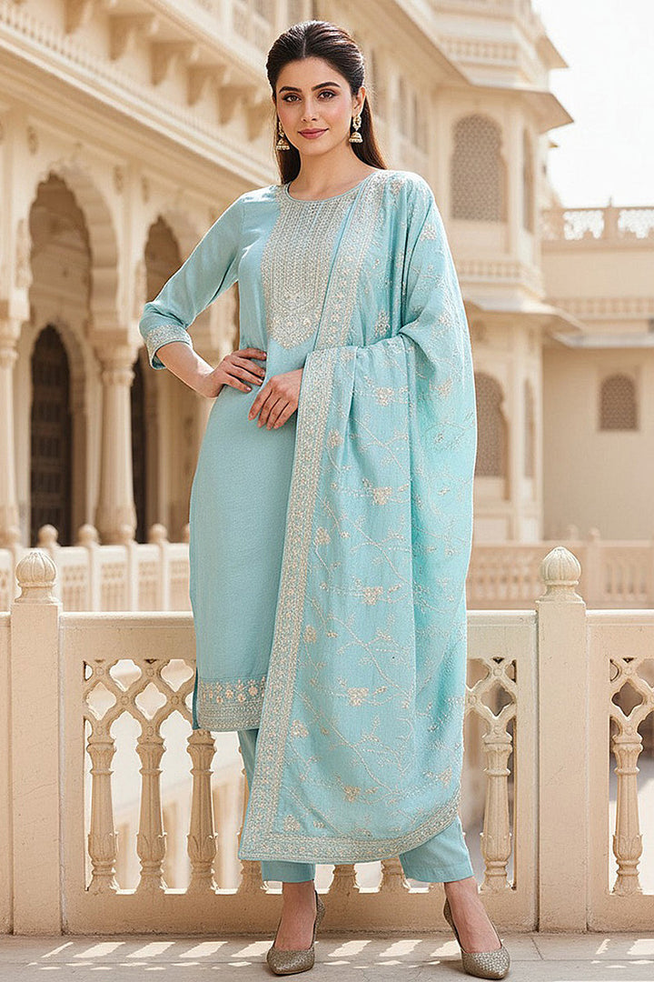 Blue Silk Blend Straight Kurta Pant With Dupatta | SHOBITAM