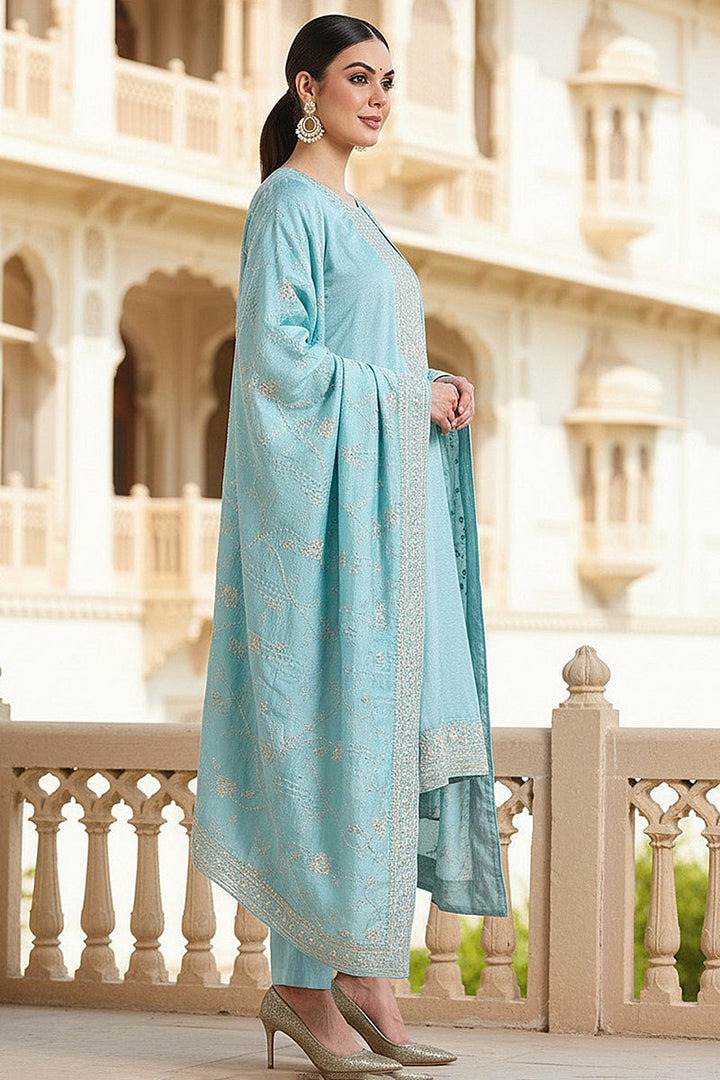 Blue Silk Blend Straight Kurta Pant With Dupatta | SHOBITAM