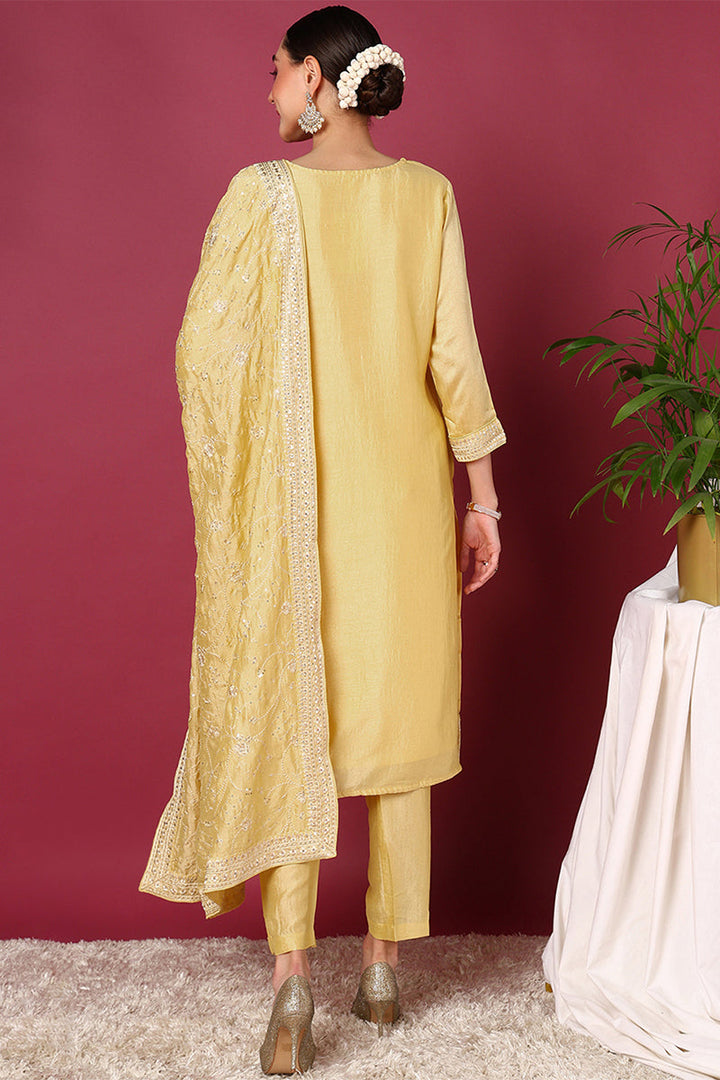 Yellow Silk Blend Straight Kurta Pant With Dupatta |shobitam