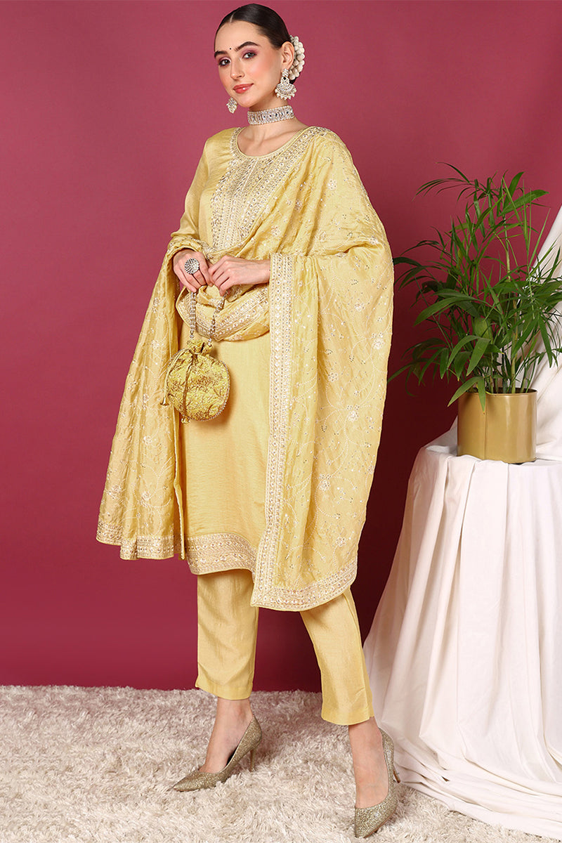 Yellow Silk Blend Straight Kurta Pant With Dupatta |shobitam