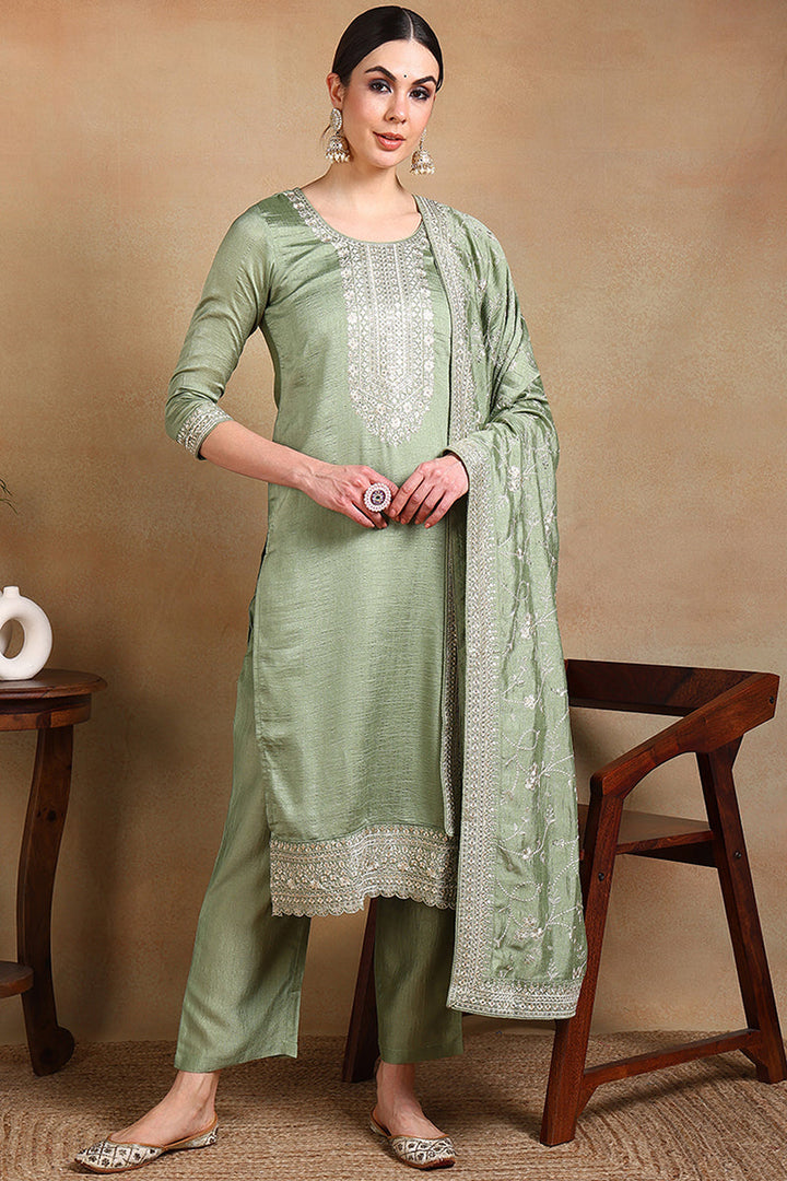 Green Silk Blend Ethnic Motifs Straight Suit Set  | SHOBITAM