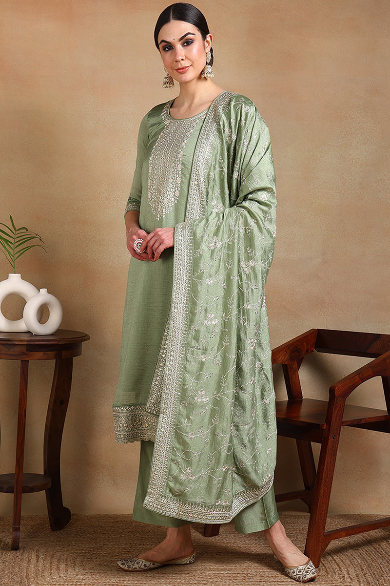 Green Silk Blend Ethnic Motifs Straight Suit Set  | SHOBITAM