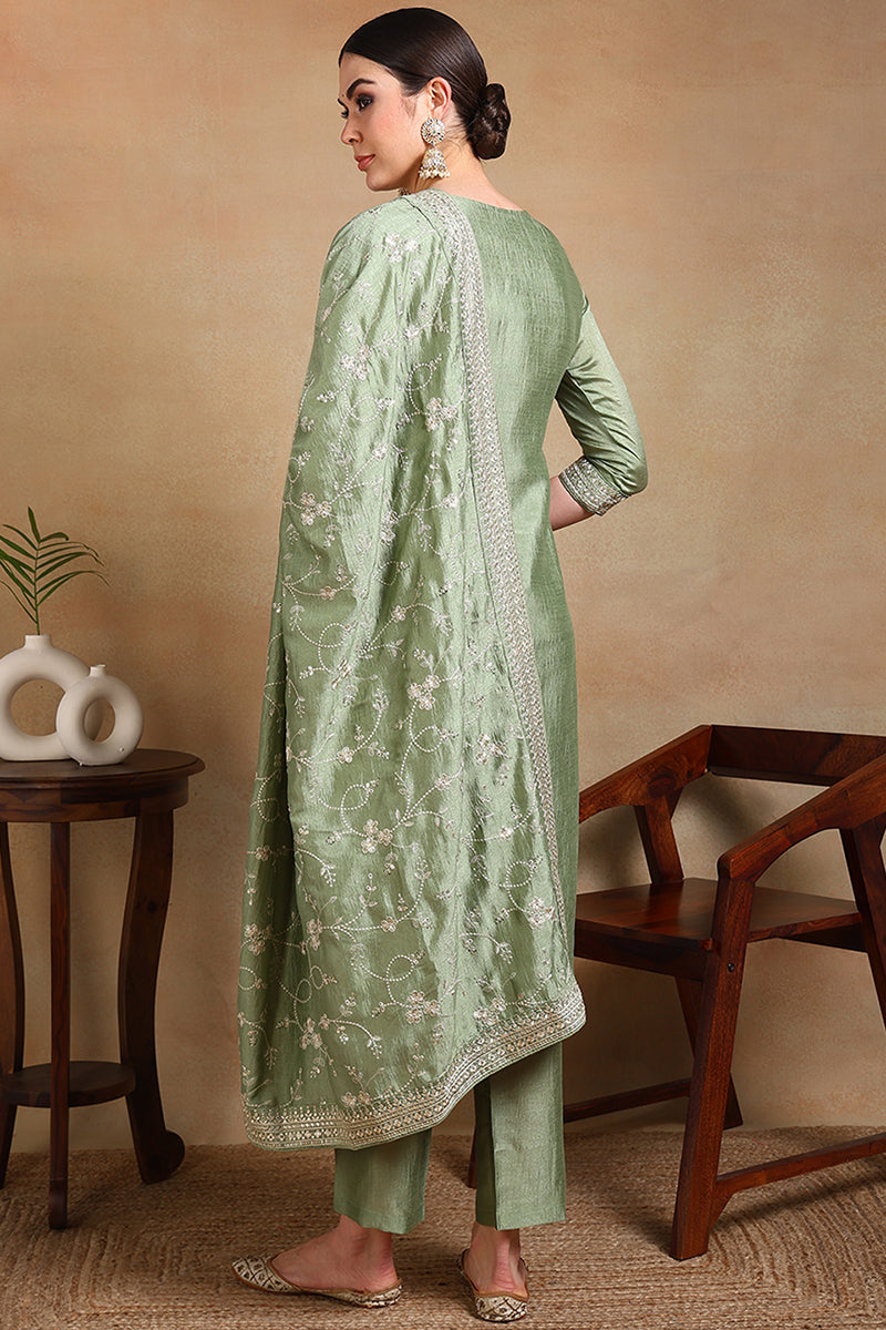Green Silk Blend Ethnic Motifs Straight Suit Set  | SHOBITAM