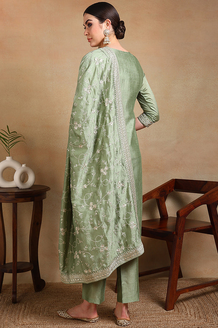 Green Silk Blend Ethnic Motifs Straight Suit Set  | SHOBITAM