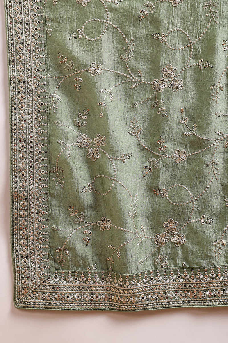 Green Silk Blend Ethnic Motifs Straight Suit Set  | SHOBITAM