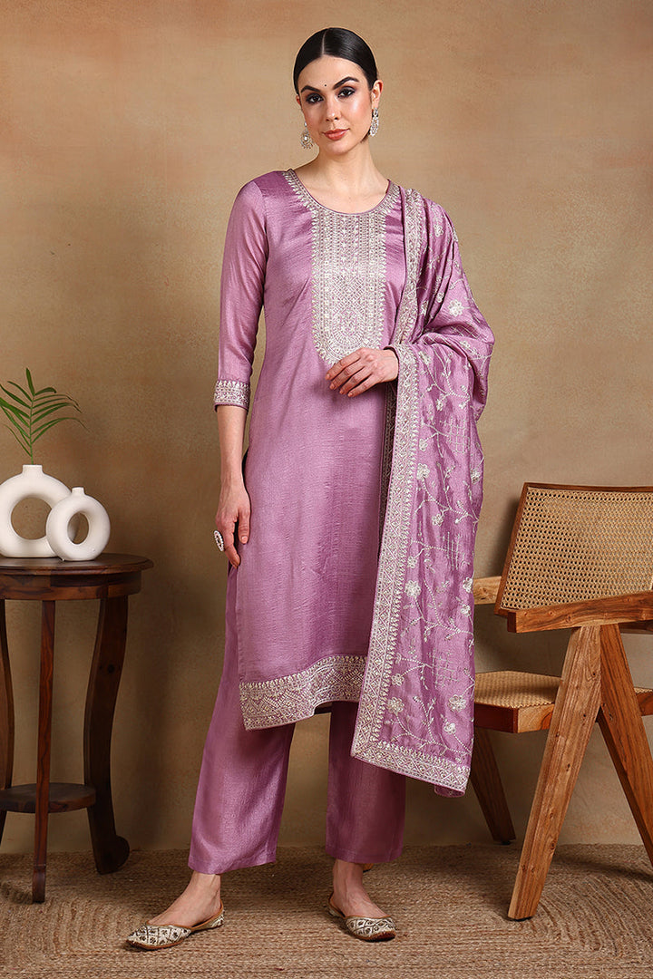 Lavender Silk Blend Straight Kurta Pant With Dupatta | SHOBITAM