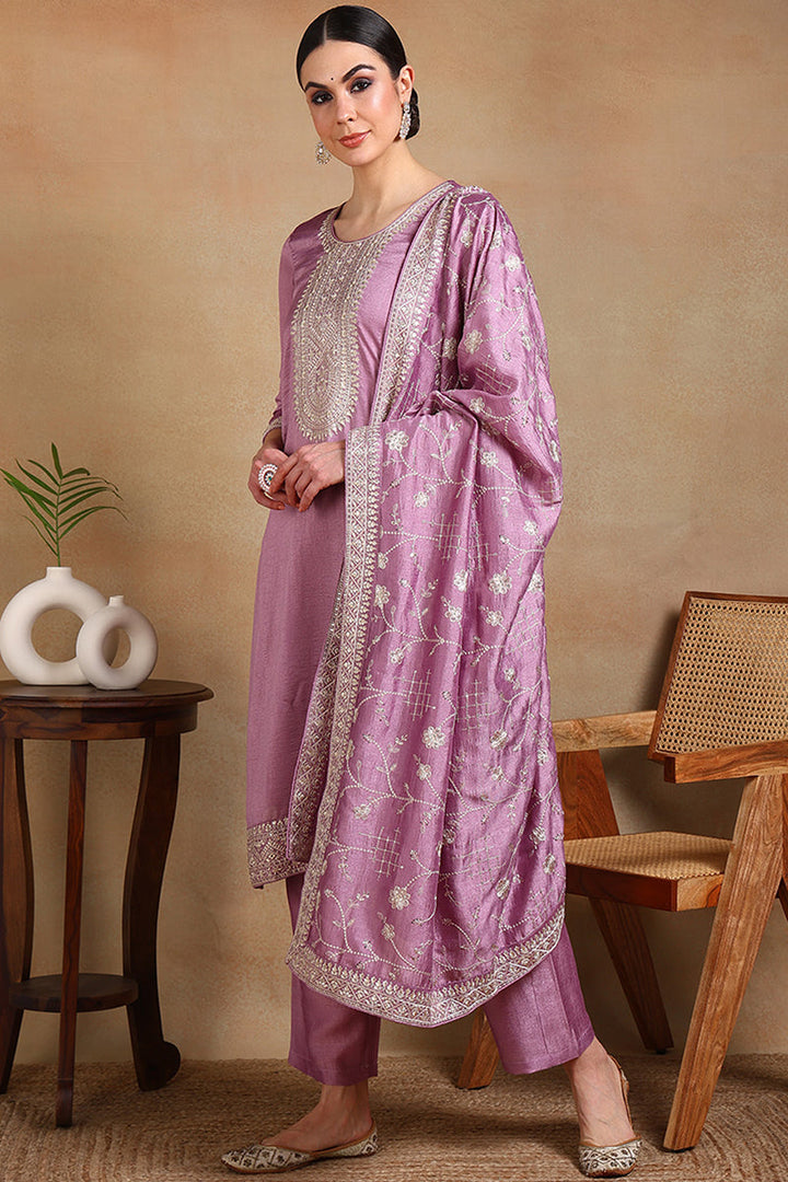 Lavender Silk Blend Straight Kurta Pant With Dupatta | SHOBITAM