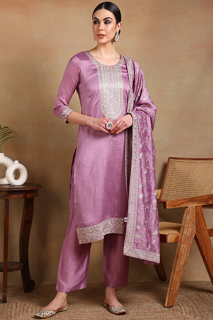 Lavender Silk Blend Straight Kurta Pant With Dupatta | SHOBITAM