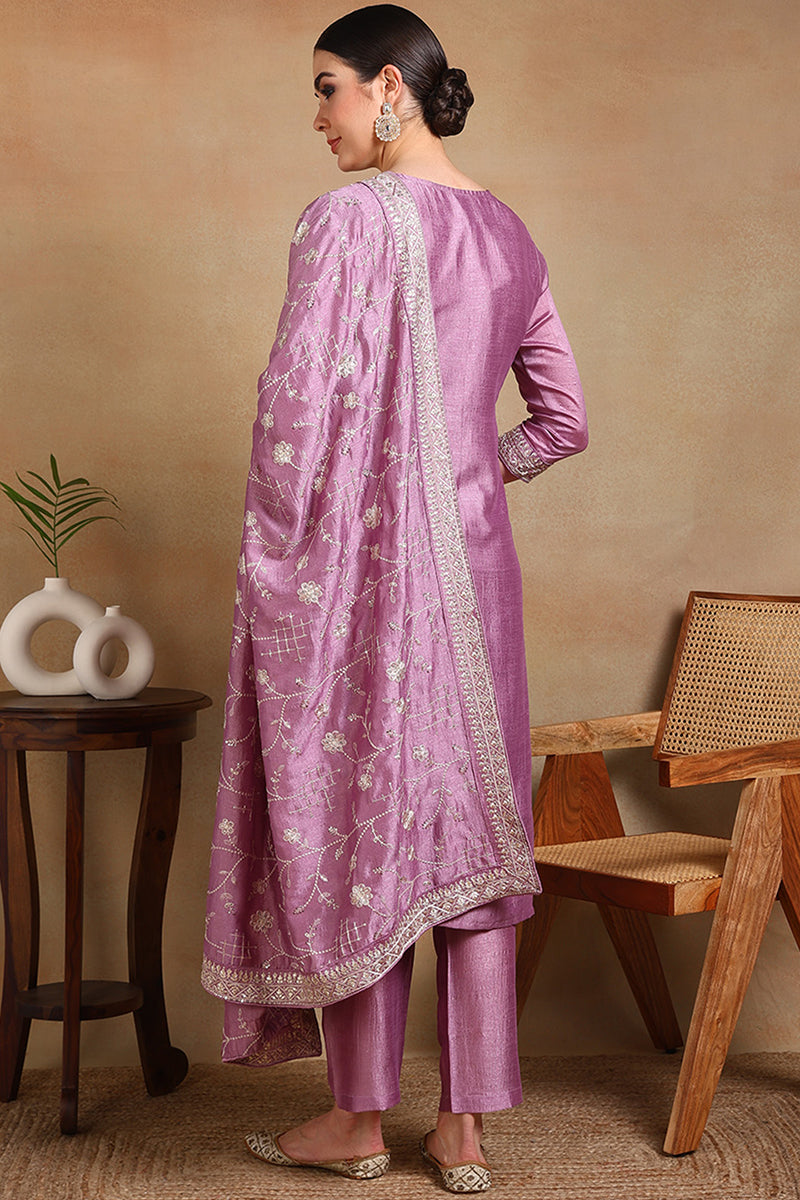 Lavender Silk Blend Straight Kurta Pant With Dupatta | SHOBITAM