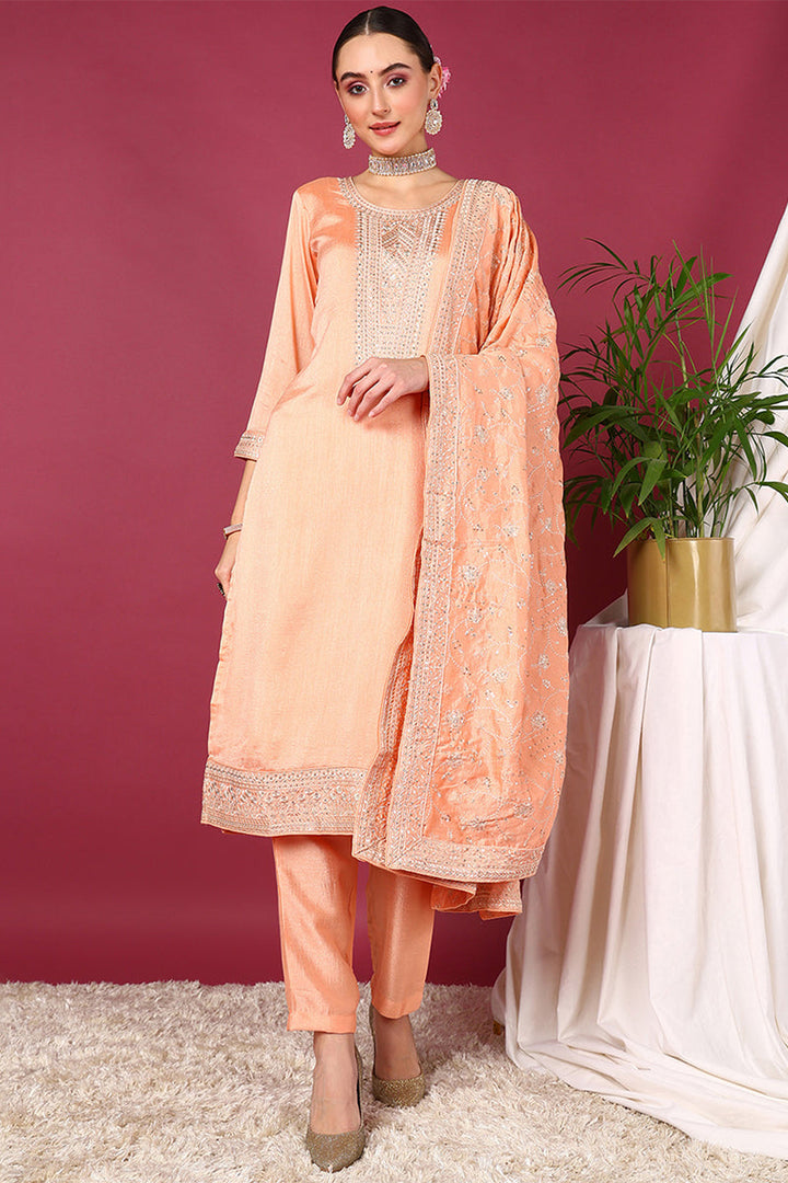 Peach Silk Blend Straight Kurta Pant With Dupatta | SHOBITAM