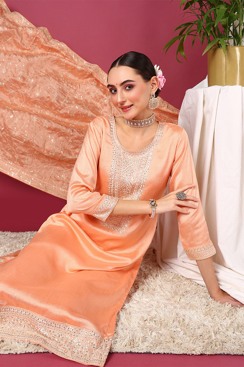 Peach Silk Blend Straight Kurta Pant With Dupatta | SHOBITAM