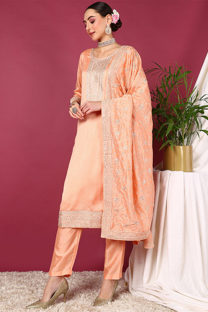 Peach Silk Blend Straight Kurta Pant With Dupatta | SHOBITAM