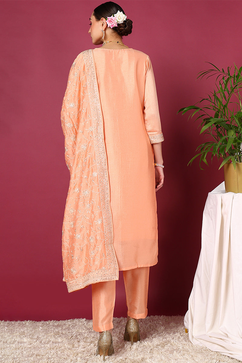 Peach Silk Blend Straight Kurta Pant With Dupatta | SHOBITAM